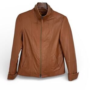 Madeleine jacket women's 8 100% lamb Nappa soft leather zip front cognac brown